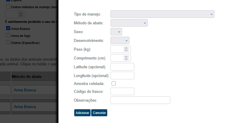 Informações solicitadas, no formulário de relatório de manejo do Simaf, de cada javali abatido no período de 6 meses